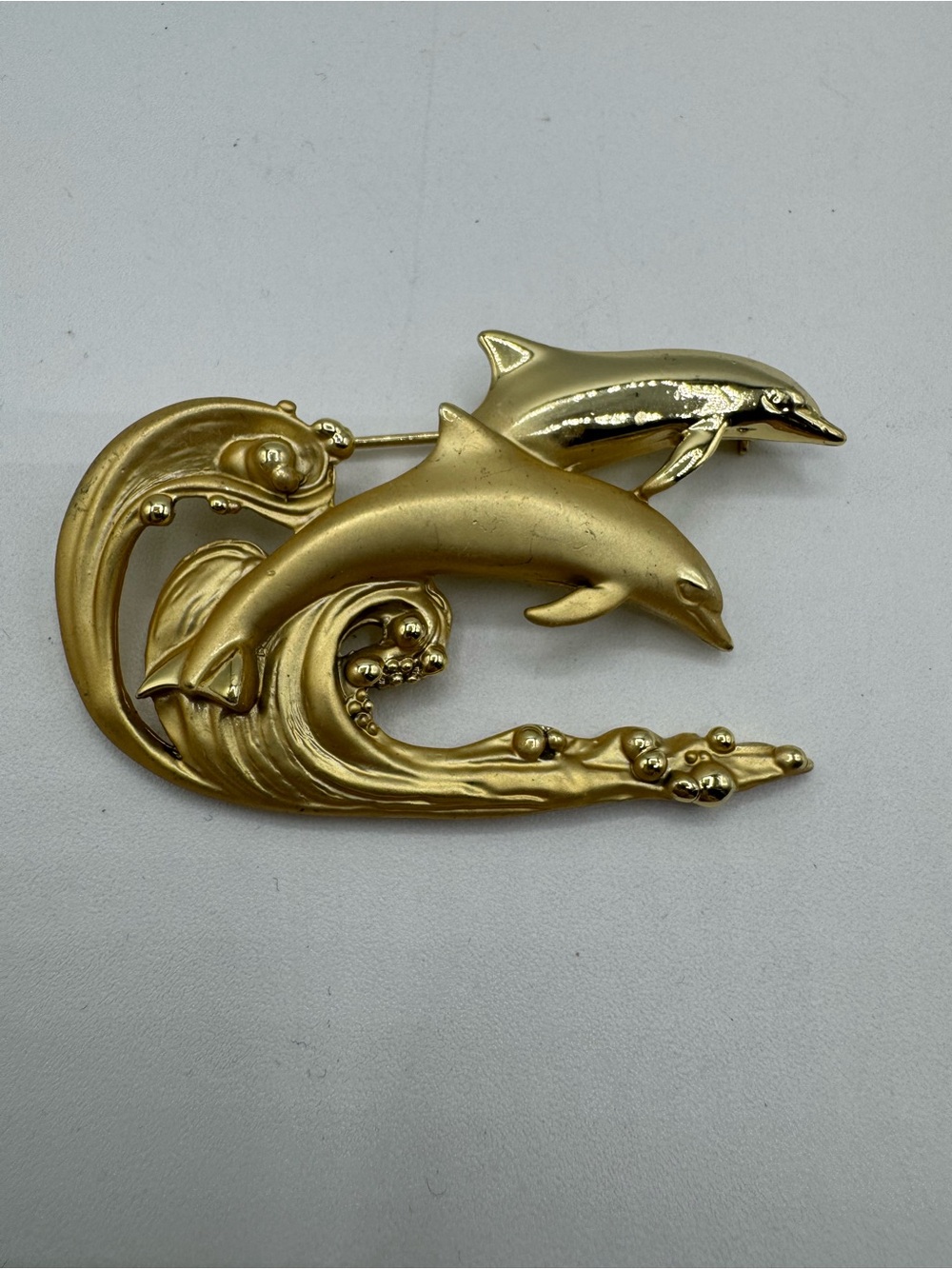 Vintage AJC Leaping Dolphin Brooch Gold Tone Art Nouveau American Jewelry Used